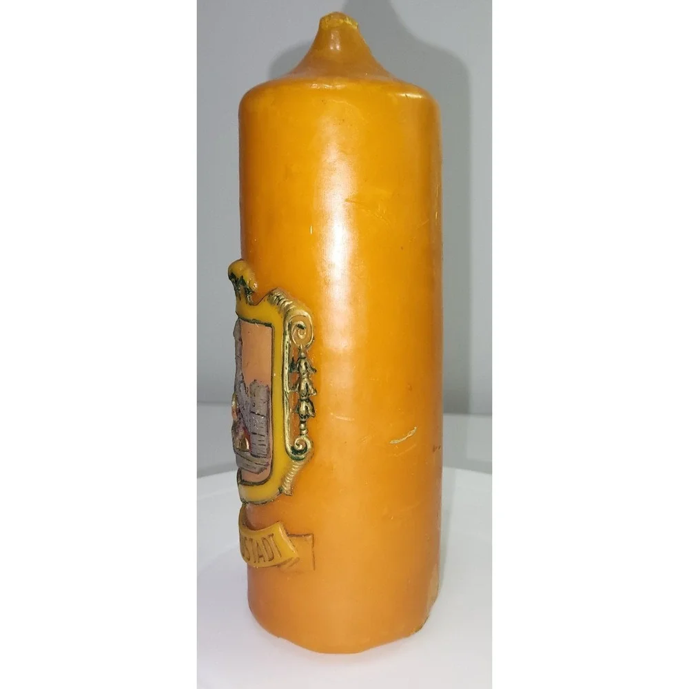 Vintage Bad Neustadt Germany Beeswax Pillar Candle Crest Souvenir 7in